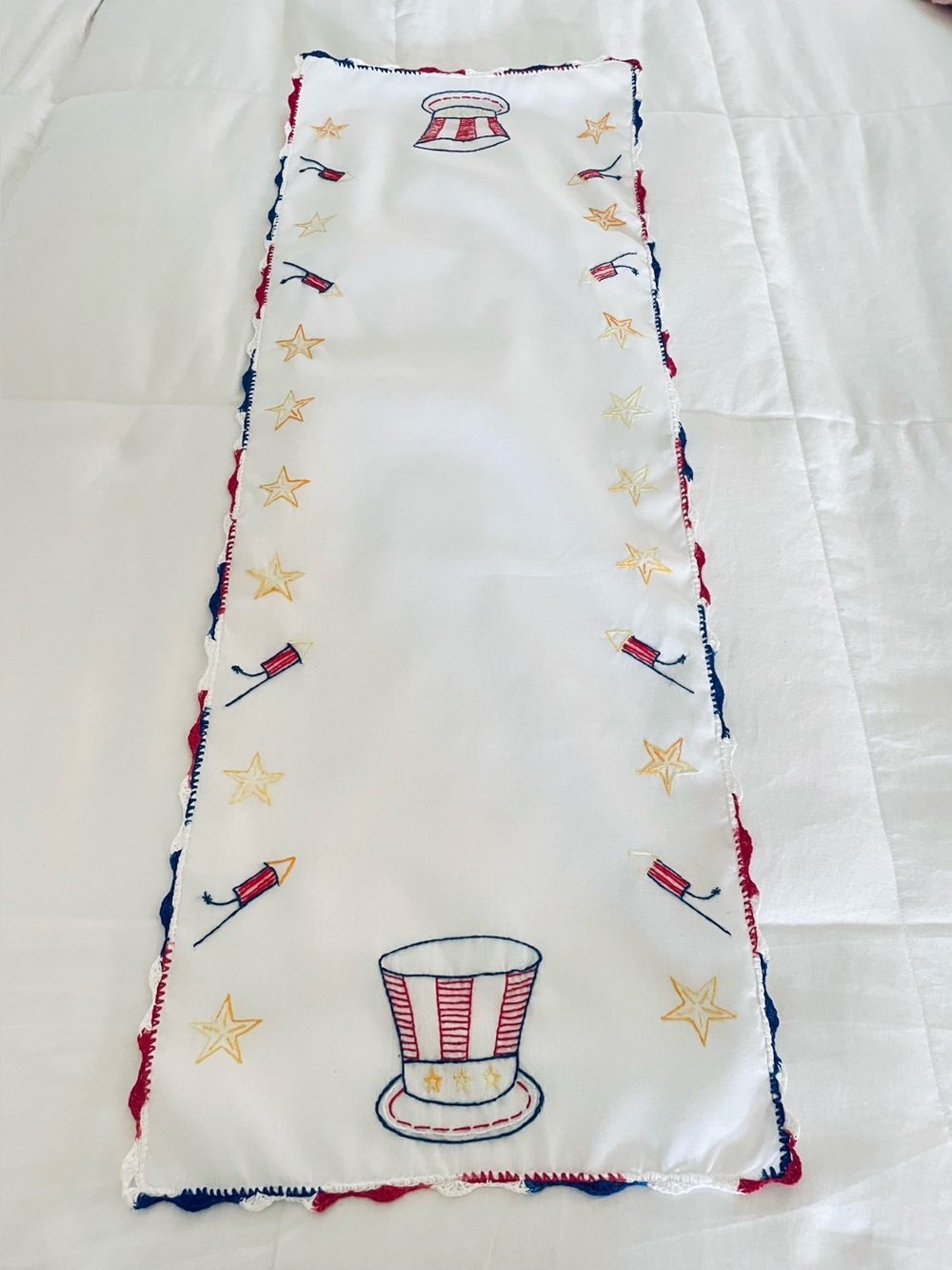 4th of July Table Runner Embroidery Homemade Cotton Red White Blue 14x40